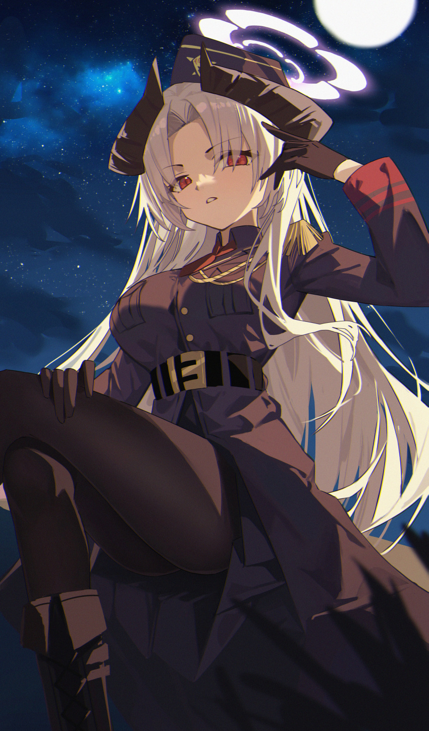 1girl absurdres akipopopopoon black_thighhighs breasts crossed_legs demon_horns gloves halo hat highres horns huge_breasts long_hair long_sleeves military_hat military_uniform moon night night_sky original parted_bangs parted_lips red_eyes sitting sky thighhighs uniform white_hair