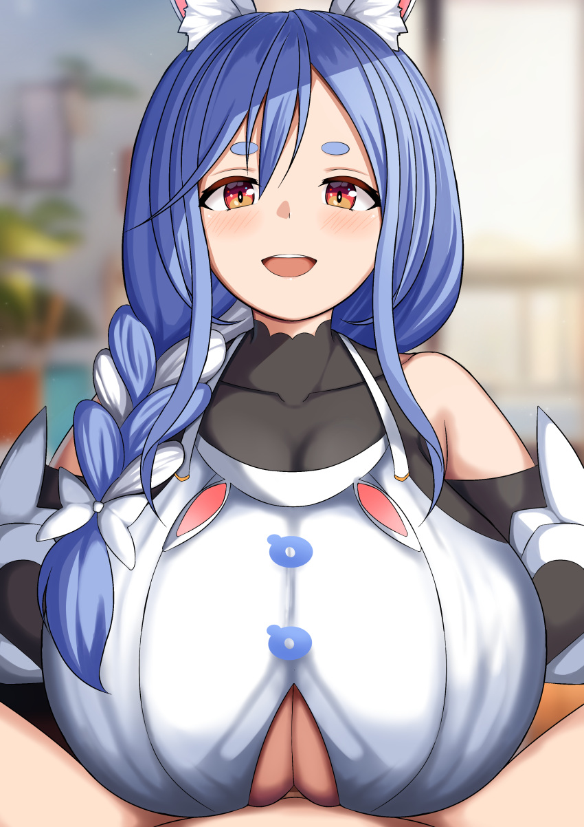 1boy 1girl absurdres animal_ear_fluff blue_hair blurry blurry_background braid braided_ponytail breasts hetero highres hololive huge_breasts long_hair looking_at_viewer mature_female mero_en_e open_mouth paizuri paizuri_under_clothes pekomama pov rabbit_girl red_eyes short_eyebrows solo_focus textless_version thick_eyebrows virtual_youtuber white_hair