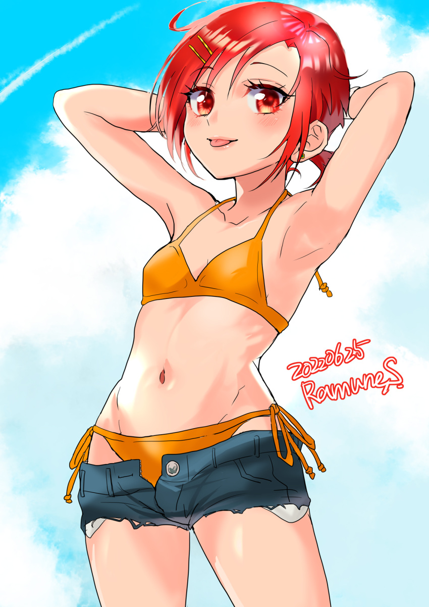 bikini blue_sky breasts cloud cloudy_sky cure_sunny highres hino_akane_(smile_precure!) precure ramune02 red_eyes red_hair shorts sky smile_precure! swimsuit