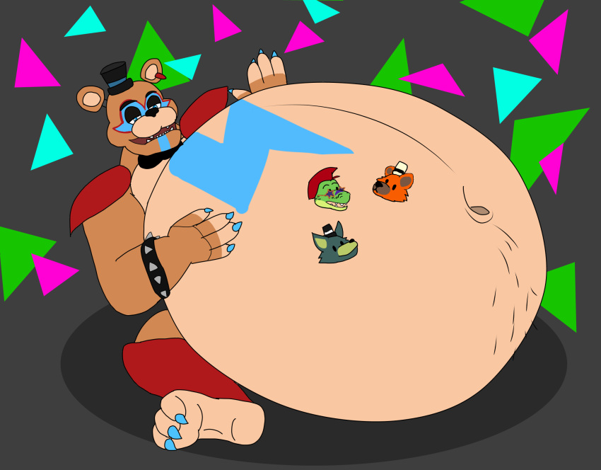 alejo_garci alligator alligatorid animatronic anthro bear belly belly_fur belly_slap belly_slapping big_belly canid canine canis crocodilian fan_character five_nights_at_freddy's five_nights_at_freddy's:_security_breach fur glamrock_freddy group hand_on_belly hi_res machine male male/male male_pred male_prey mammal montgomery_gator multiple_prey navel navel_outline original_character predator/prey reptile robot satisfied satisfied_look scalie scottgames sitting sitting_on_ground slap solo steel_wool_studios vore wolf