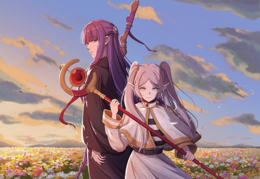 2girls absurdres arm_at_side back-to-back belt bird black_belt black_robe blunt_bangs chinese_commentary closed_mouth cloud commentary_request cowboy_shot dress expressionless fern_(sousou_no_frieren) field flower flower_field frieren green_eyes grey_hair hair_ornament hair_over_shoulder hand_up height_difference highres holding holding_staff long_hair long_sleeves looking_at_viewer looking_back mountainous_horizon multiple_girls outdoors petals pointy_ears purple_eyes purple_hair robe sky sousou_no_frieren staff standing sunset white_dress wide_sleeves zing_(zingart)