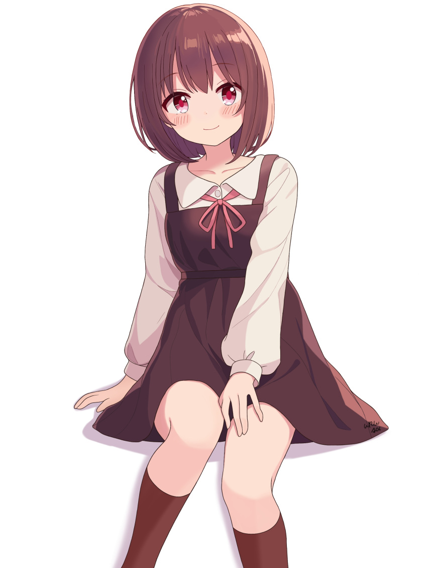 1girl absurdres blush bob_cut brown_hair commentary dress hair_between_eyes highres long_sleeves looking_at_viewer neck_ribbon original pinafore_dress pink_eyes ribbon school_uniform short_hair simple_background sitting sleeveless sleeveless_dress smile socks solo uniform uru_aoi23 white_background