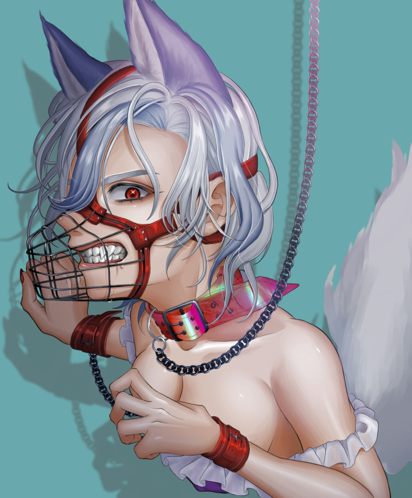 angry animal_collar animal_ears bare_shoulders blue_background breasts chain chain_leash claw_pose cleavage collar collarbone commentary_request cropped_torso cuffs dog_ears dog_tail fingernails fox_tail frilled_shirt frills grey_hair grin highres leash medium_breasts mitsugashira_enoko multicolored_hair muzzle nail_polish off-shoulder_shirt off_shoulder purple_hair purple_shirt red_collar red_eyes red_nails shackles shadow shirt smile tail touhou upper_body user_pmup2577 v-shaped_eyebrows