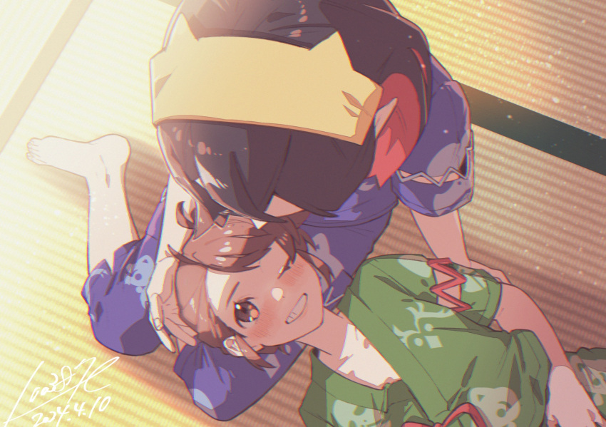 100387l 2girls ;d barefoot black_hair blush brown_eyes brown_hair carmine_(pokemon) dated hairband highres japanese_clothes jinbei_(clothes) juliana_(pokemon) lap_pillow looking_at_another multicolored_hair multiple_girls one_eye_closed pokemon pokemon_sv red_hair short_sleeves signature smile teeth two-tone_hair yellow_hairband yuri