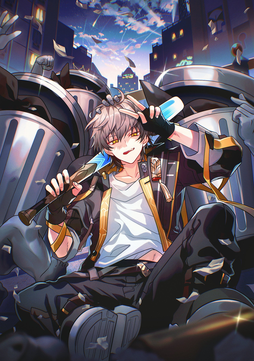 1boy absurdres baseball_bat black_footwear black_gloves caelus_(honkai:_star_rail) fingerless_gloves gloves grey_hair highres holding holding_weapon honkai:_star_rail honkai_(series) looking_at_viewer male_focus naruta_iyo on_ground shirt shoes short_hair sky solo trailblazer_(honkai:_star_rail) trash_can v weapon white_shirt yellow_eyes