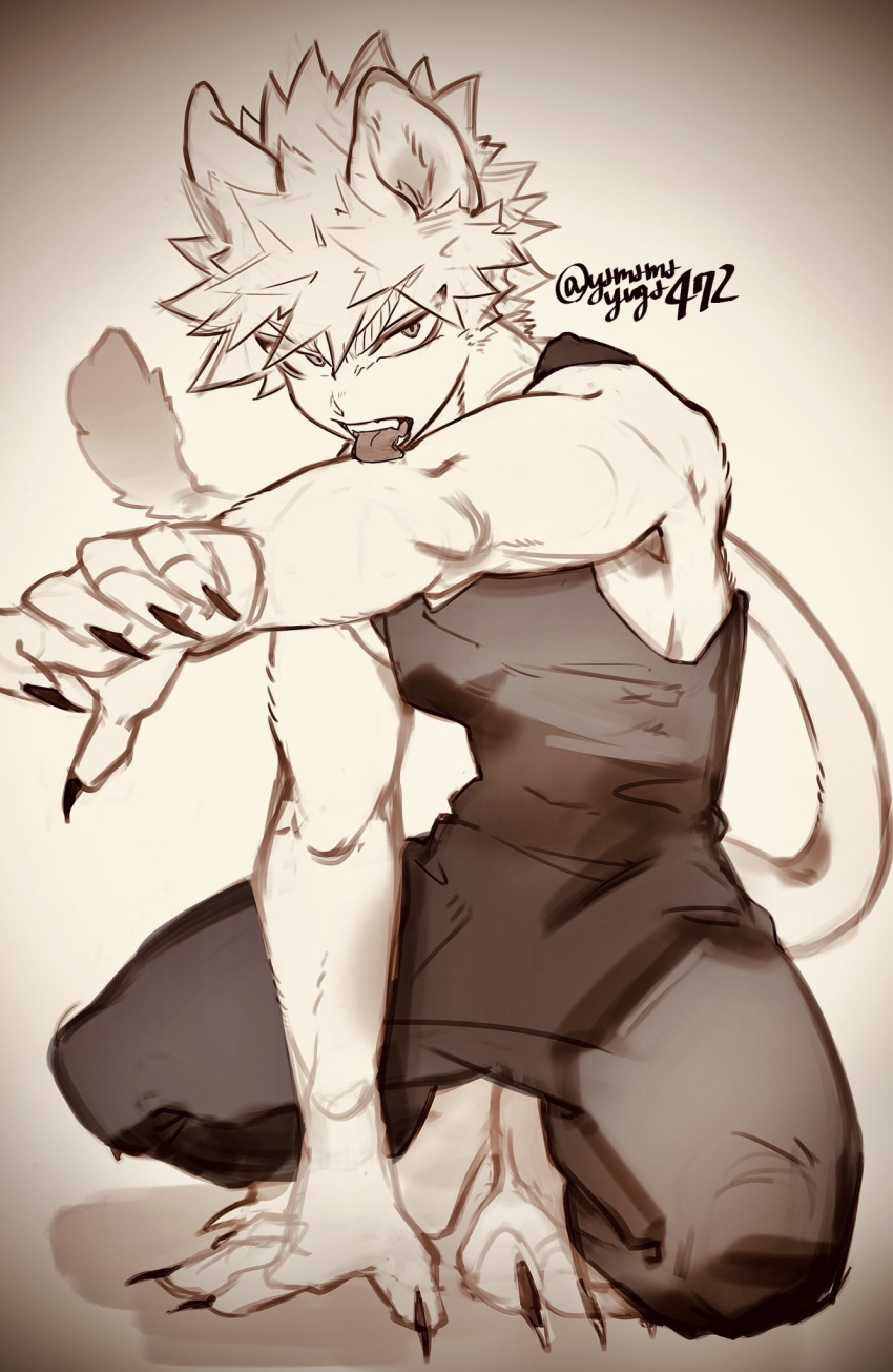 angry animal_ears bulge claws clothing ears_up felid feline hair hi_res humanoid katsuki_bakugou licking lion looking_at_viewer male mammal my_hero_academia pantherine sharp_teeth shirt signature solo spiky_hair tail tank_top teeth tongue topwear yamamayuga472