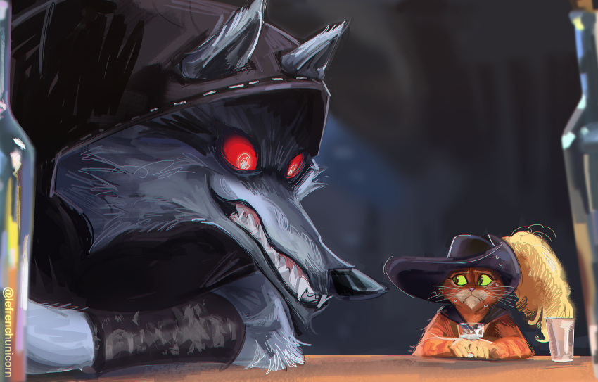 2boys animal_ears black_cloak cape cat cat_nose cavalier_hat cloak cup death_(puss_in_boots) drinking_glass fangs feathers frenchublog glowing hat hat_feather highres holding hood hooded_cloak looking_at_another multiple_boys open_mouth orange_cat orange_fur puss_in_boots:_the_last_wish puss_in_boots_(shrek) red_eyes sharp_teeth smile solo teeth wolf yellow_feathers