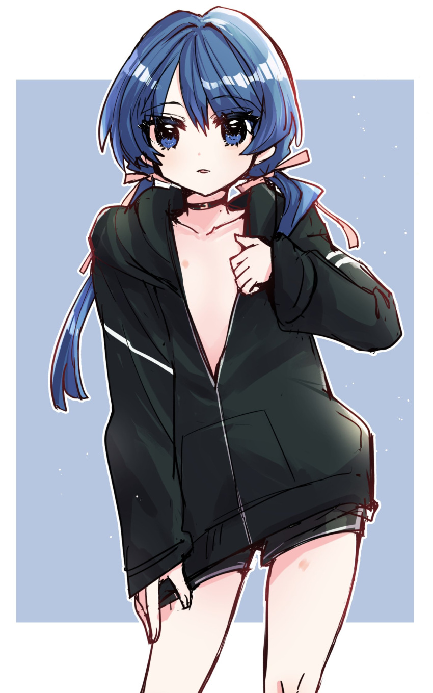 1girl black_choker black_jacket black_shorts blue_background blue_eyes blue_hair border choker collarbone commentary_request contrapposto dark_blue_hair feet_out_of_frame flat_chest hair_ribbon hand_on_own_chest hickey highres hood hood_down hooded_jacket jacket kanduki_kamibukuro light_particles link!_like!_love_live! long_hair looking_at_viewer love_live! mole mole_on_neck murano_sayaka no_bra outline outside_border parted_lips partially_unzipped pink_ribbon ribbon shorts solo virtual_youtuber white_border white_outline