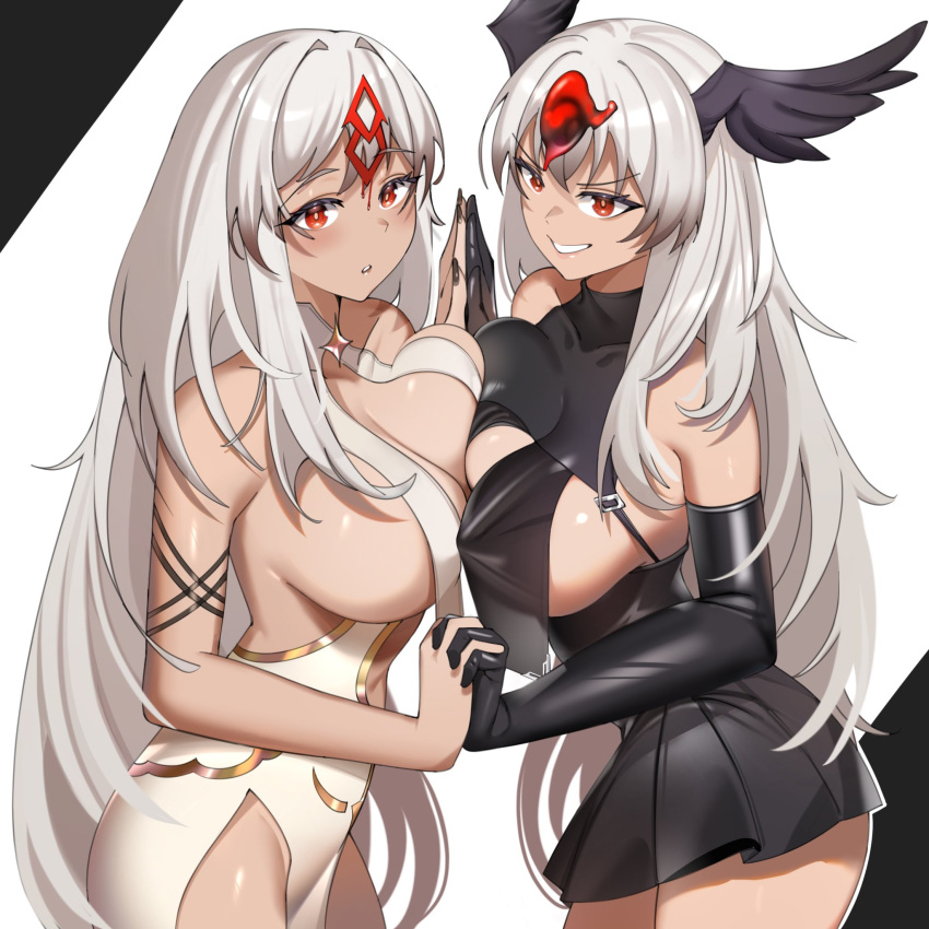 2girls azur_lane black_dress black_gloves black_hair black_nails black_wings breast_press breasts commission dark-skinned_female dark_skin dreeky dress elbow_gloves evil_smile gloves gradient_hair head_wings highres holding_hands large_breasts long_hair multicolored_hair multiple_girls official_alternate_costume parted_lips pelvic_curtain red_eyes sao_martinho_(azur_lane) sao_martinho_(the_golden_shadow)_(azur_lane) short_dress simple_background smile symmetrical_docking very_long_hair white_dress white_hair wings