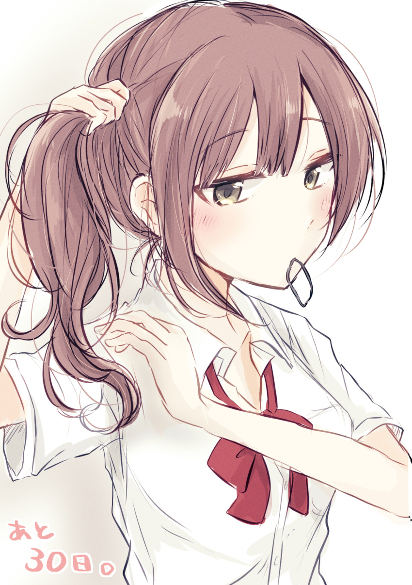 1girl baran._(ba_ra_ran) blush bow bowtie breasts brown_eyes brown_hair collarbone collared_shirt commentary_request countdown dress_shirt hair_tie hand_up highres holding_hair_tie idolmaster idolmaster_cinderella_girls idolmaster_cinderella_girls_starlight_stage igarashi_kyoko looking_to_the_side loose_bowtie medium_breasts mouth_hold red_bow red_bowtie shadow shirt short_sleeves sidelocks solo tying_hair white_background white_shirt