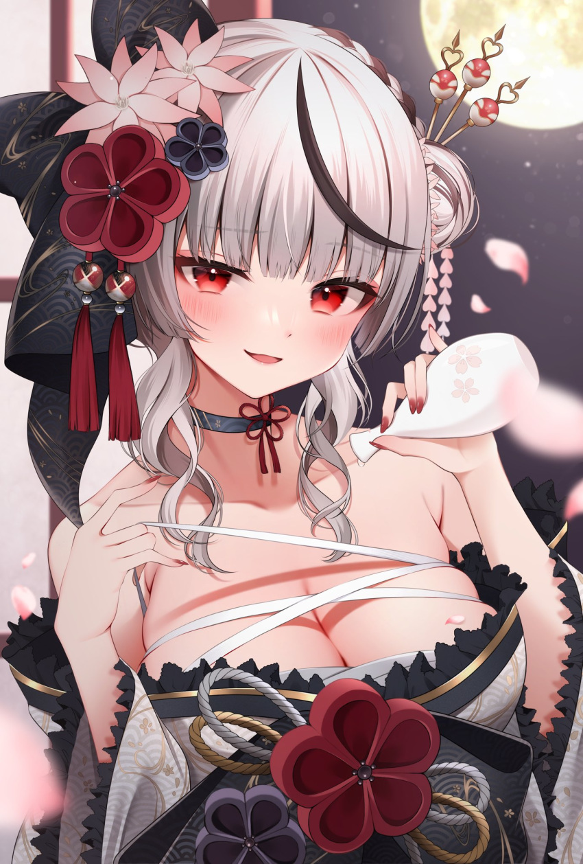 1girl bare_shoulders black_choker blurry blush bottle breasts chest_sarashi choker cleavage depth_of_field falling_petals flower flower_knot grey_hair grey_kimono hair_flower hair_ornament hair_stick highres holding holding_bottle hololive japanese_clothes kimono large_breasts light_smile looking_at_viewer moon multicolored_hair nail_polish namagome_negi night night_sky open_mouth petals pouring pouring_onto_self red_eyes revision sakamata_chloe sake_bottle sarashi short_hair_with_long_locks simple_background sky smile solo streaked_hair tassel tassel_hair_ornament tokkuri upper_body virtual_youtuber white_background window