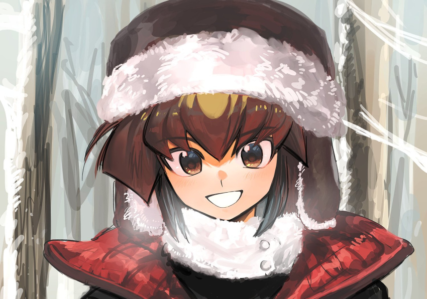 1boy black_hat brown_eyes brown_hair coat facing_viewer hair_between_eyes light_blush looking_at_viewer male_focus medium_hair portrait red_coat sk816 smile solo teeth winter winter_clothes winter_coat yu-gi-oh! yu-gi-oh!_gx yuki_judai