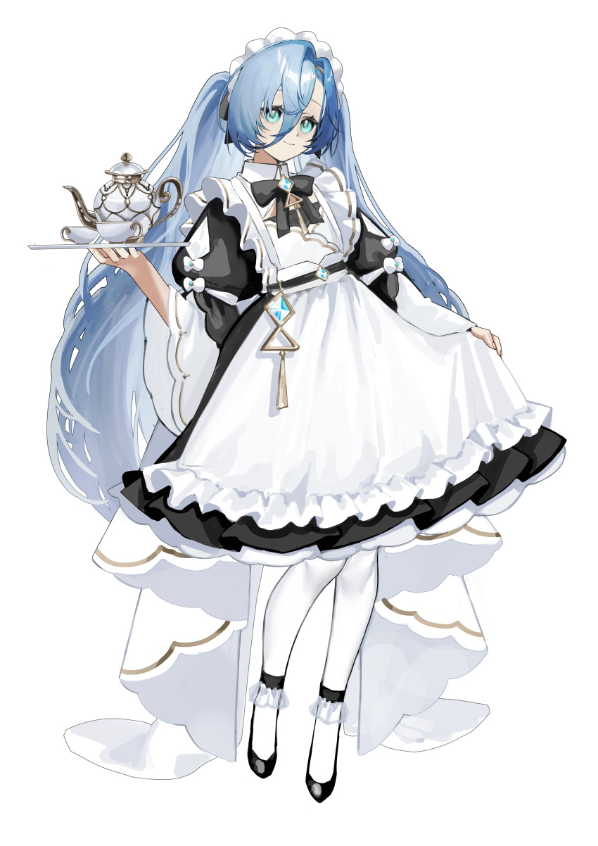 1girl 37_(reverse:1999) absurdres apron aqua_eyes blue_hair cup curtsey full_body hair_between_eyes highres holding holding_tray long_hair looking_at_viewer maid maid_apron maid_headdress pecora_(udpf2448) reverse:1999 simple_background smile solo tea_set teacup teapot tray twintails very_long_hair white_background