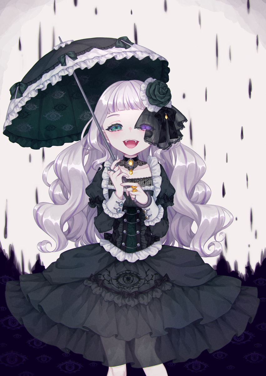 1girl :d absurdres akikawa_higurashi bangs black_bow black_collar black_dress blunt_bangs bow collar commentary dress dress_bow eye_print fangs feet_out_of_frame flower gothic_lolita green_eyes green_flower green_rose grey_hair hair_flower hair_ornament hairclip heterochromia highres holding holding_umbrella jewelry juliet_sleeves lace_collar light_purple_hair lolita_fashion long_hair long_sleeves looking_at_viewer multiple_rings original pinky_ring puffy_sleeves purple_eyes rain ring rose see-through sleeve_cuffs smile solo standing straight-on umbrella veil wavy_hair yellow_gemstone