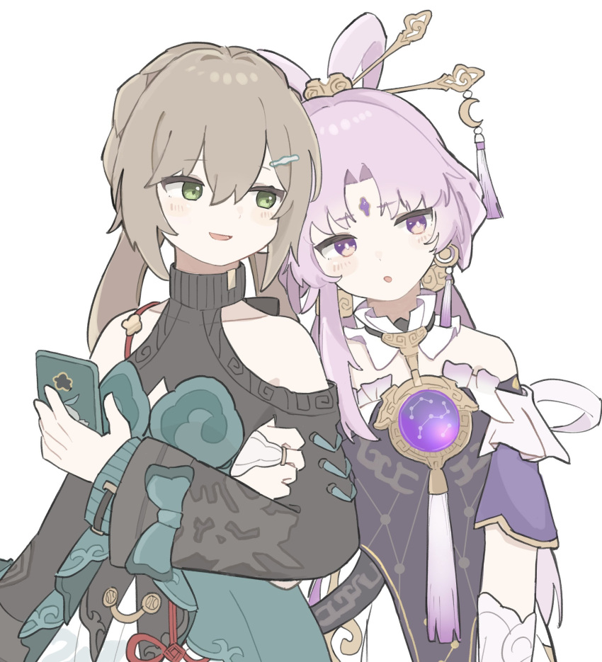 2girls :o absurdres black_dress black_shirt blush bow-shaped_hair brown_hair clothing_cutout commentary_request couple dress earrings facial_mark fu_xuan_(honkai:_star_rail) green_dress green_eyes hair_ornament hairpin hamu_(hamusand) head_on_another's_shoulder highres holding holding_phone honkai:_star_rail honkai_(series) jewelry long_hair looking_at_viewer multiple_girls phone pink_hair purple_eyes qingque_(honkai:_star_rail) shirt shirt_under_dress shoulder_cutout simple_background smile tassel tassel_earrings upper_body white_background yuri