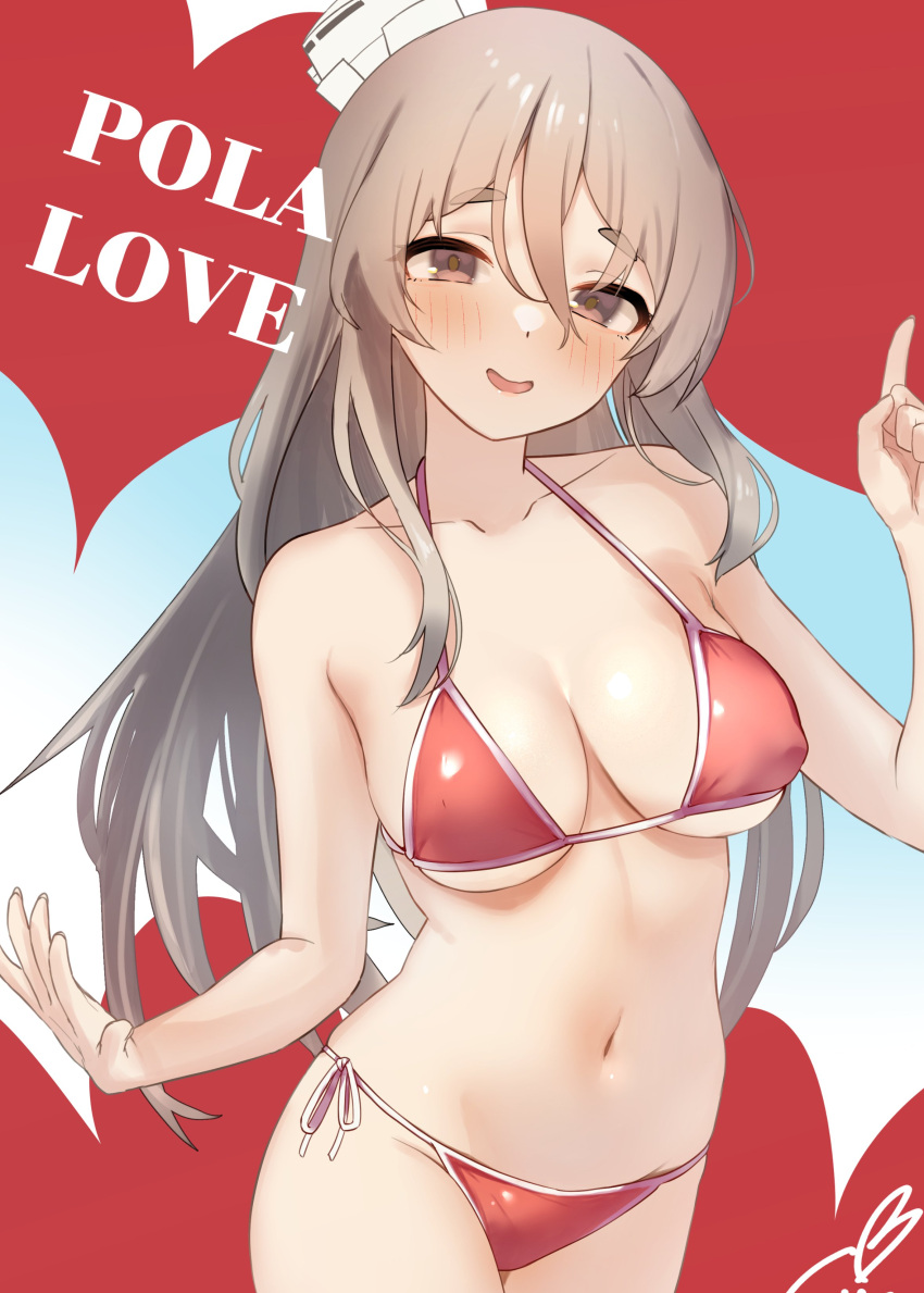 1girl absurdres bikini blush breasts brown_eyes brown_hair character_name cleavage covered_nipples hair_between_eyes hat heart highres kantai_collection large_breasts long_hair looking_at_viewer official_alternate_costume open_mouth pola_(kancolle) red_bikini sakieko side-tie_bikini_bottom solo swimsuit very_long_hair white_hat