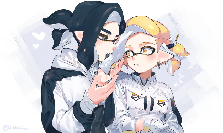 2boys artist_name black_eyes black_hair blonde_hair commentary_request earrings ed_(jinko) heart highres inkling inkling_boy inkling_player_character jacket jewelry jinkobanana licking_hair male_focus medium_hair multiple_boys parted_lips short_ponytail sleeves_past_wrists splatoon_(series) surprised tentacle_hair white_jacket yaoi yellow_eyes