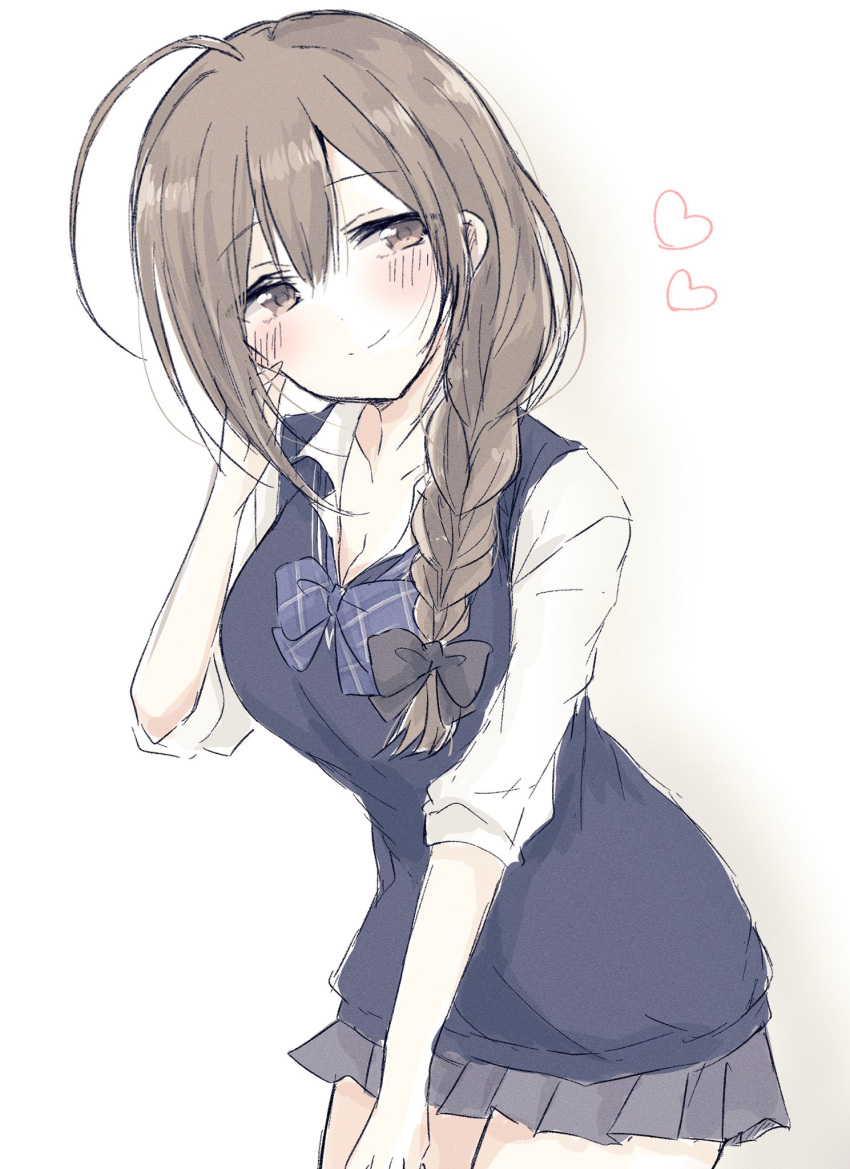 1girl ahoge baran._(ba_ra_ran) black_bow black_sweater_vest blue_bow blue_bowtie blush bow bowtie braid breasts brown_eyes brown_hair cleavage closed_mouth collarbone collared_shirt commentary cowboy_shot grey_skirt hair_bow half-closed_eyes hand_on_own_cheek hand_on_own_face heart highres idolmaster idolmaster_shiny_colors kuwayama_chiyuki large_breasts leaning_forward long_hair looking_to_the_side low-tied_long_hair miniskirt plaid plaid_bow plaid_bowtie pleated_skirt school_uniform shirt sideways_glance simple_background single_braid skirt solo sweater_vest white_background white_shirt