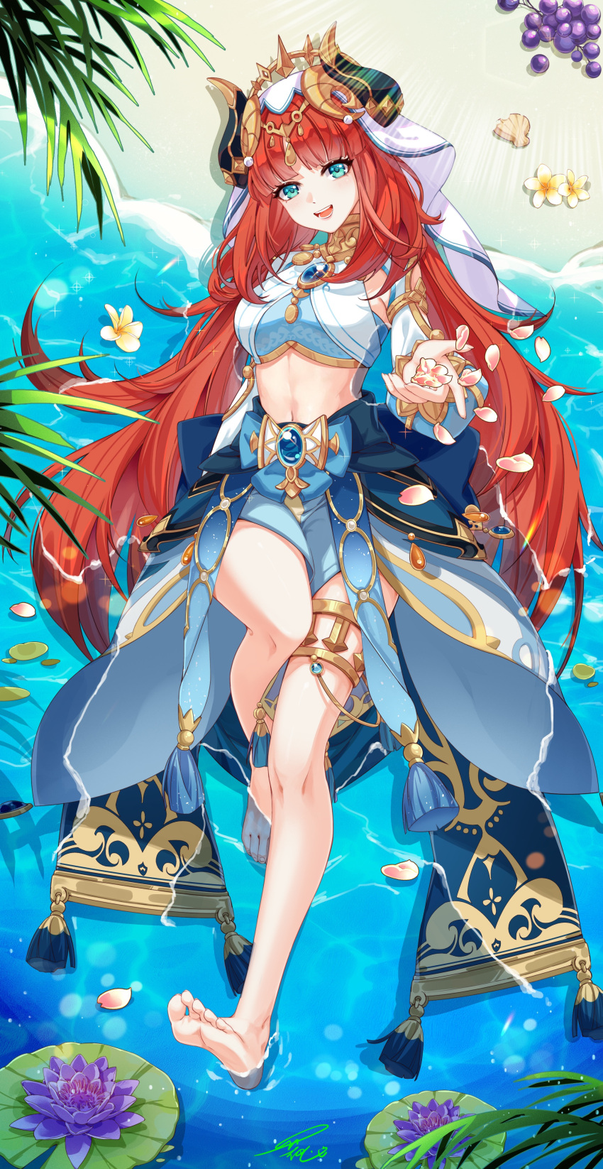 1girl :d absurdres aqua_eyes bare_legs barefoot blue_skirt breasts brooch commentary_request crop_top fake_horns flower genshin_impact head_tilt highres horns jewelry lily_pad long_hair long_sleeves looking_at_viewer medium_breasts midriff nanqi navel neck_ring nilou_(genshin_impact) open_mouth petals purple_flower red_hair skirt smile solo stomach thighlet veil very_long_hair
