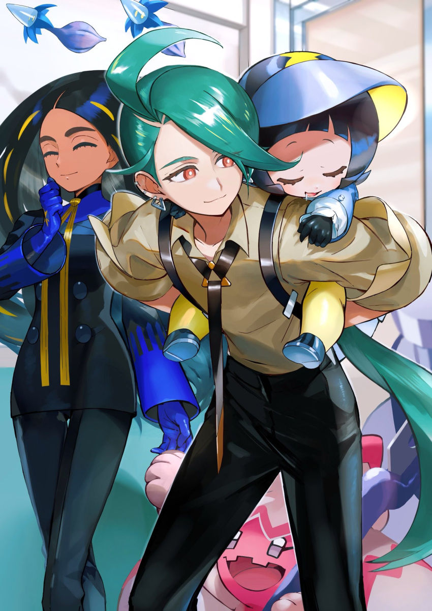 3girls :d ^_^ arched_bangs black_gloves black_hair black_pants black_suit blue_gloves carrying closed_eyes closed_mouth colored_skin commentary_request dark-skinned_female dark_skin earrings geeta_(pokemon) glimmet gloves green_hair grey_shirt hammer highres holding holding_hammer indoors jewelry long_hair multiple_girls orange_mikan pants piggyback pink_skin pokemon pokemon_(creature) pokemon_sv poppy_(pokemon) purple_eyes red_eyes rika_(pokemon) shirt smile suit suspenders tinkaton very_long_hair walking yellow_pants