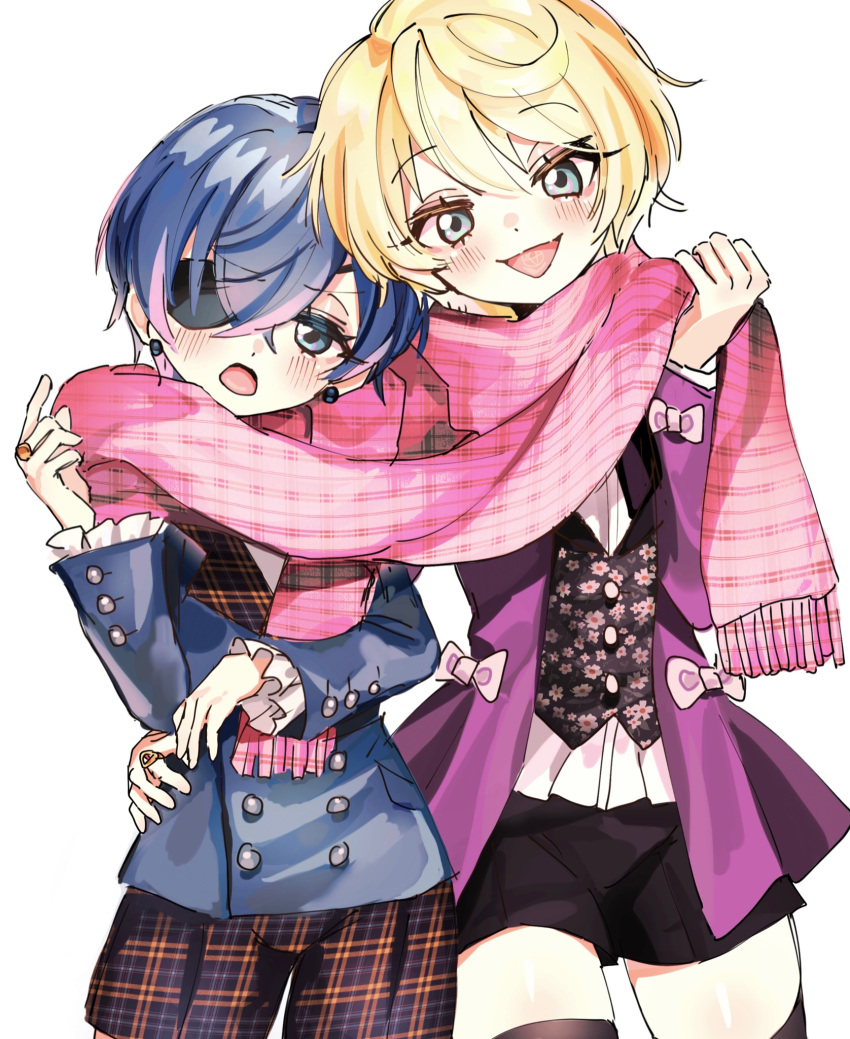 2boys alois_trancy androgynous bishounen black_shorts blue_eyes blue_hair blue_jacket blue_shorts buttons ciel_phantomhive dark_blue_hair earrings eyepatch floral_print highres jacket jewelry kuroshitsuji looking_at_viewer male_focus multiple_boys open_mouth pink_jacket pink_scarf plaid plaid_scarf plaid_shorts ring scarf short_hair shorts simple_background tongue_tattoo white_background wormy_owo yaoi