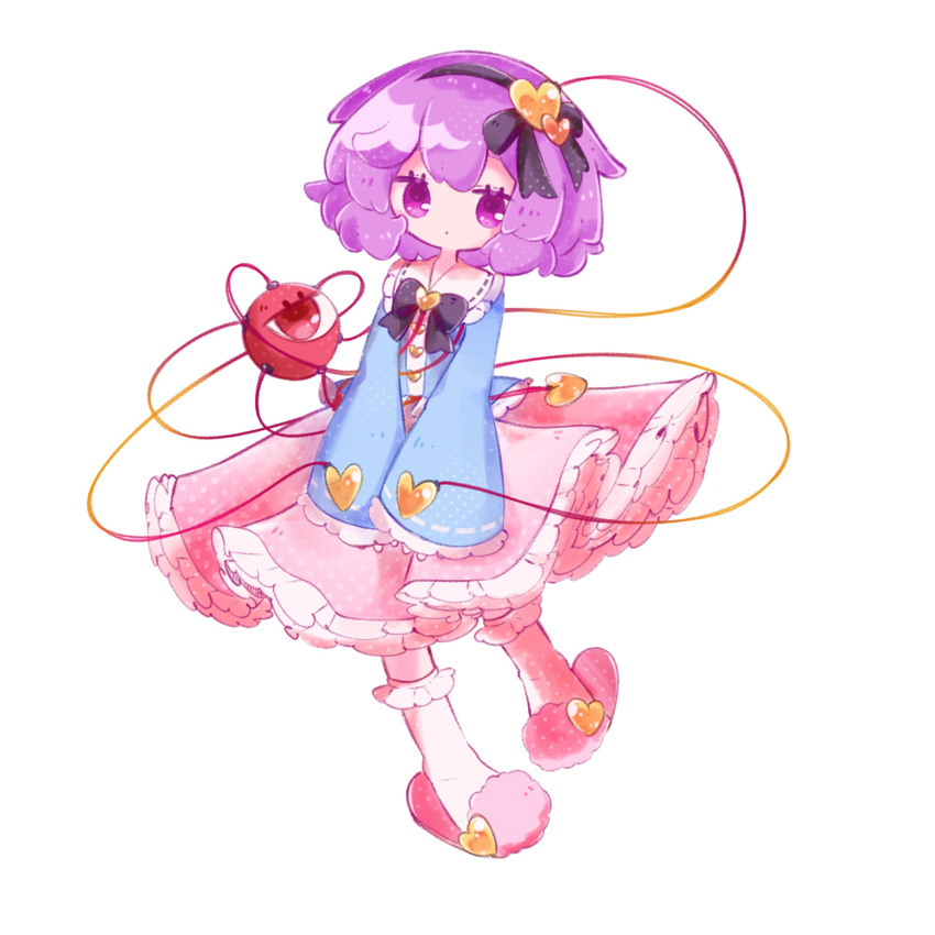 1girl absurdres black_hairband blouse blue_shirt buttons chibi eyeball frilled_shirt_collar frilled_sleeves frills full_body hair_ornament hairband heart heart_button heart_hair_ornament heart_of_string highres inukkomaru komeiji_satori pink_eyes pink_hair pink_skirt ribbon-trimmed_collar ribbon_trim satori_day shirt skirt slippers socks solo third_eye touhou white_background white_socks wide_sleeves