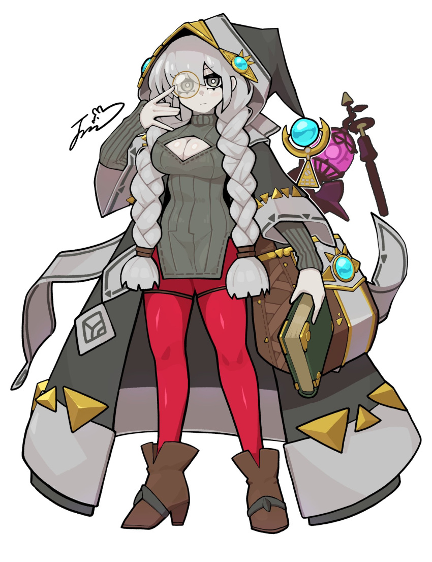 1girl aged_up asteria_of_the_white_woods bag black_sweater book boots braid breasts brown_footwear cleavage cleavage_cutout clothing_cutout dillo_(smootharmadillo) duel_monster full_body grey_eyes grey_hair handbag high_heel_boots high_heels highres holding holding_book hood hood_up hooded_coat large_breasts looking_at_viewer monocle pantyhose red_pantyhose sign simple_background solo staff sweater twin_braids white_background yu-gi-oh!