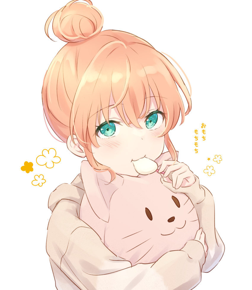 1girl absurdres aqua_eyes blush brown_jacket crossed_bangs flower_(symbol) food food_in_mouth hair_bun highres hinoshita_kaho holding holding_food hood hood_down hooded_jacket hugging_doll hugging_object jacket link!_like!_love_live! looking_at_viewer love_live! mochi mouth_hold orange_hair short_hair sidelocks single_hair_bun solo stuffed_animal stuffed_cat stuffed_toy translation_request upper_body virtual_youtuber yutuki_ame