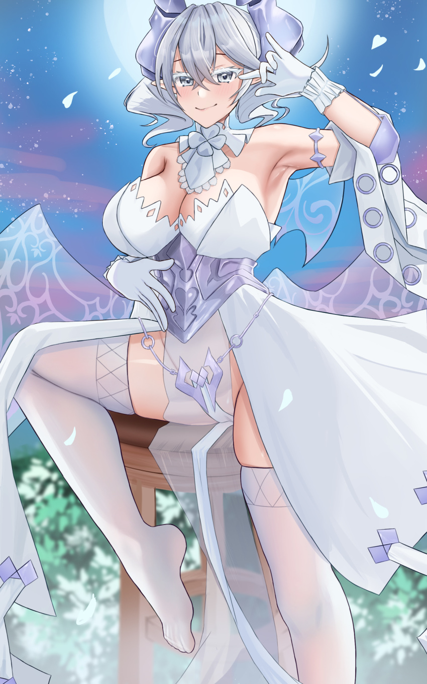 absurdres bare_shoulders blush breasts cameltoe detached_collar dress frilled_gloves frills gloves grey_hair hair_between_eyes highres horns kamoe large_breasts lovely_labrynth_of_the_silver_castle medium_hair multiple_wings no_shoes pelvic_curtain pointy_ears shiny_skin short_twintails sitting skindentation smile thighhighs twintails white_dress white_eyelashes white_gloves wings yu-gi-oh!