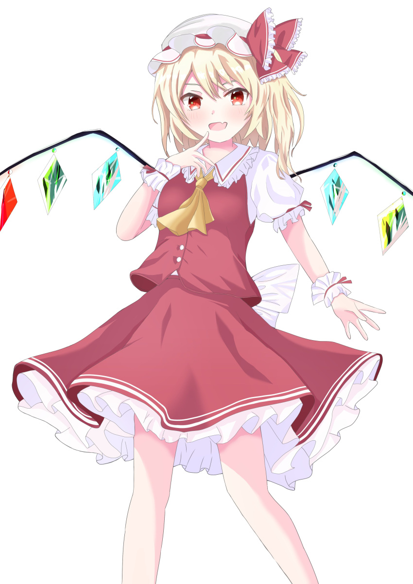 1girl :d absurdres arm_at_side ascot back_bow blonde_hair blush bow breasts bright_pupils ciruciru0810 commentary_request crystal eyebrows_hidden_by_hair fang feet_out_of_frame finger_to_mouth flandre_scarlet frilled_bow frilled_skirt frilled_sleeves frilled_wrist_cuffs frills hair_between_eyes hand_up hat hat_bow highres index_finger_raised long_hair looking_at_viewer medium_breasts mob_cap open_mouth puffy_short_sleeves puffy_sleeves red_bow red_eyes red_skirt red_vest shirt short_sleeves side_ponytail simple_background skin_fang skirt smile solo standing touhou vest white_background white_bow white_hat white_shirt wings wrist_cuffs yellow_ascot