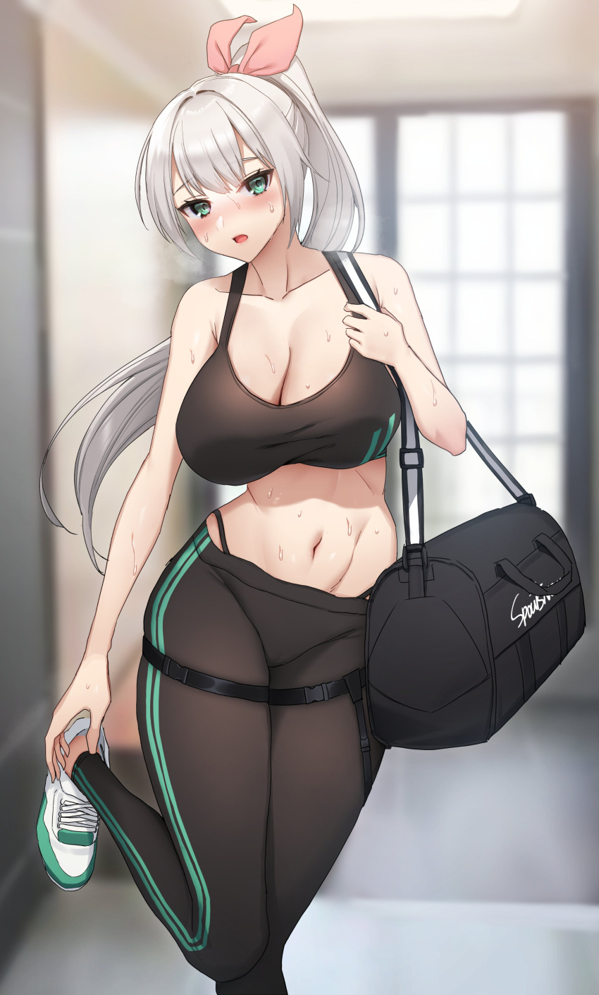 1girl absurdres armpit_crease bag bare_arms bare_shoulders black_pants black_sports_bra blurry breasts cleavage collarbone commission depth_of_field duffel_bag green_eyes hair_ribbon highleg highres indoors large_breasts leg_up long_hair looking_at_viewer midriff navel open_mouth original pants ponytail ribbon shoes sigma_2018 sneakers solo sports_bra standing standing_on_one_leg stomach sweat taut_clothes thigh_strap white_footwear white_hair yoga_pants