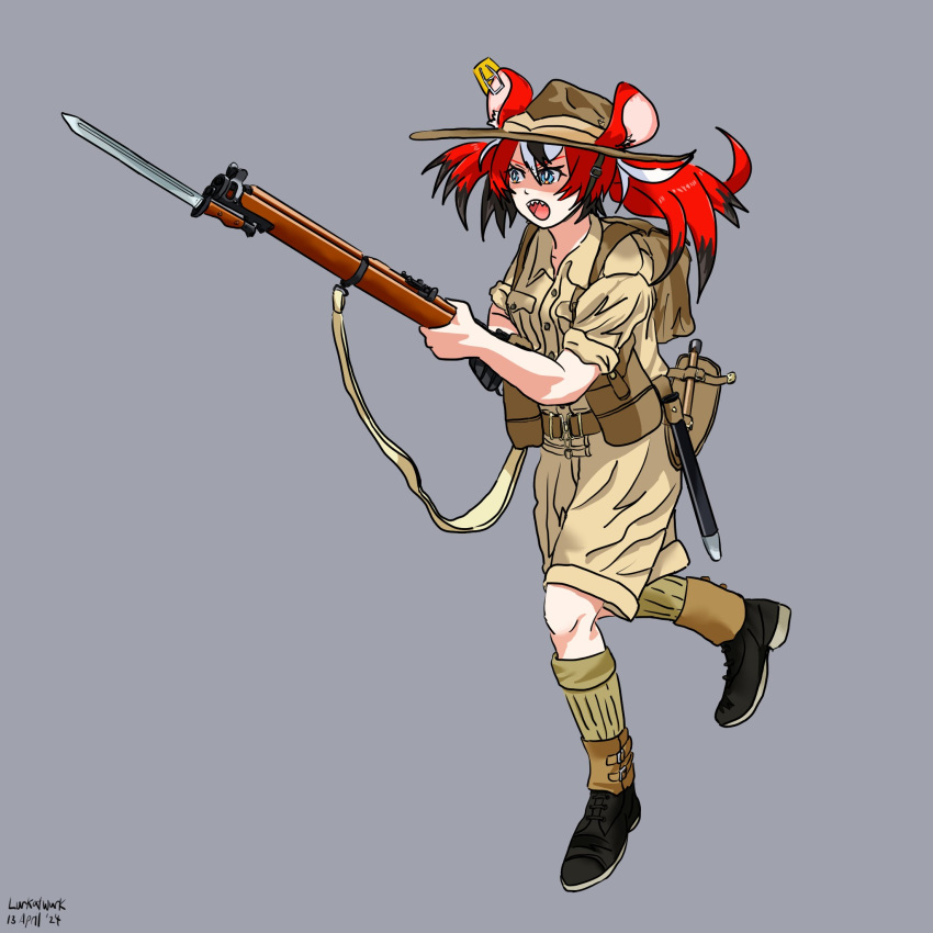 1girl animal_ears bayonet belt black_hair blue_eyes bolt_action boots brown_footwear dated english_commentary full_body grey_background gun hair_ornament hakos_baelz hat highres holding holding_gun holding_weapon hololive hololive_english lee-enfield long_hair long_sleeves lurkatwurk military military_uniform mouse_ears mouse_girl mousetrap multicolored_hair open_mouth pouch red_hair rifle running scabbard sharp_teeth sheath shirt shoes signature simple_background smle socks solo standing streaked_hair teeth twintails uniform virtual_youtuber weapon white_hair world_war_i