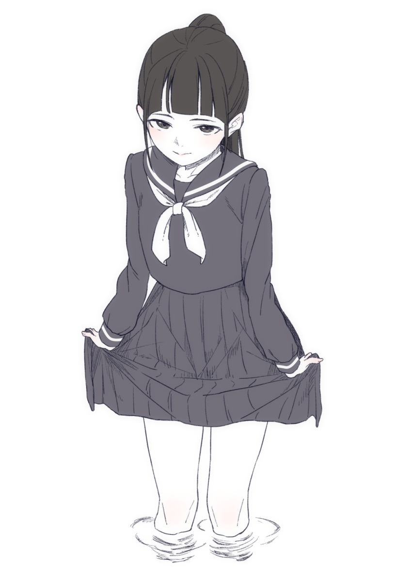 1girl black_hair blunt_bangs clothes_lift greyscale highres looking_at_viewer monochrome natuich original partially_submerged pleated_skirt ponytail school_uniform serafuku simple_background skirt skirt_lift smile soaking_feet standing upper_body water white_background