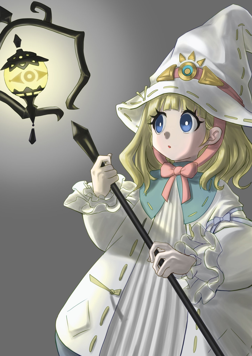 1girl blonde_hair blue_eyes dress duel_monster frills hat highres holding holding_staff long_sleeves medium_hair ribbon risette_of_the_white_woods sakumamisukore simple_background staff upper_body white_dress white_hat witch_hat yu-gi-oh!