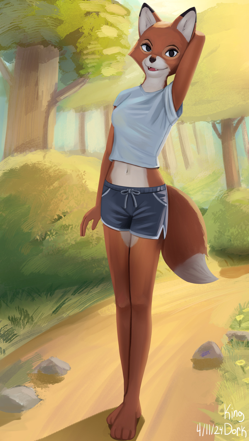 2024 4_toes 5_fingers absurd_res anthro anthrofied barefoot black_nose bottomwear canid canine clothed clothing dated digital_media_(artwork) digital_painting_(artwork) dipstick_ears dipstick_tail disney fangs feet female fingers forest fox fur hand_behind_head hi_res hindpaw humanoid_hands kingdorkster looking_at_viewer mammal markings multicolored_body multicolored_ears multicolored_fur nature navel open_mouth open_smile outside paws plant plantigrade red_body red_fox red_fur shirt shorts signature smile solo standing tail tail_markings teeth the_fox_and_the_hound toes topwear tree true_fox two_tone_body two_tone_fur vixey_(tfath) white_body white_fur