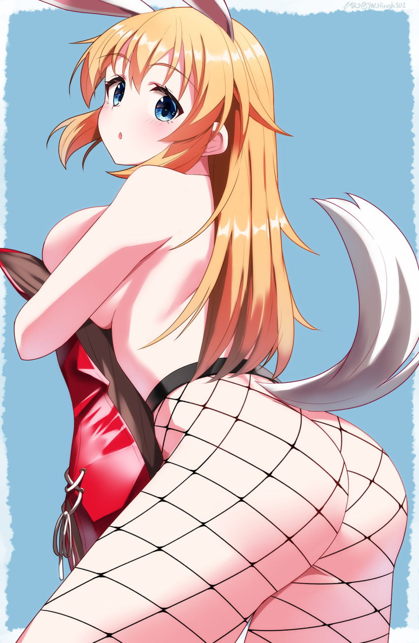 1girl absurdres animal_ears ass blue_background blue_eyes blush breasts charlotte_e._yeager fishnet_pantyhose fishnets highres hiroshi_(hunter-of-kct) large_breasts leotard leotard_removed long_hair looking_at_viewer looking_back no_bra no_panties open_mouth orange_hair pantyhose playboy_bunny rabbit_ears rabbit_girl rabbit_tail red_leotard simple_background solo strike_witches tail topless world_witches_series