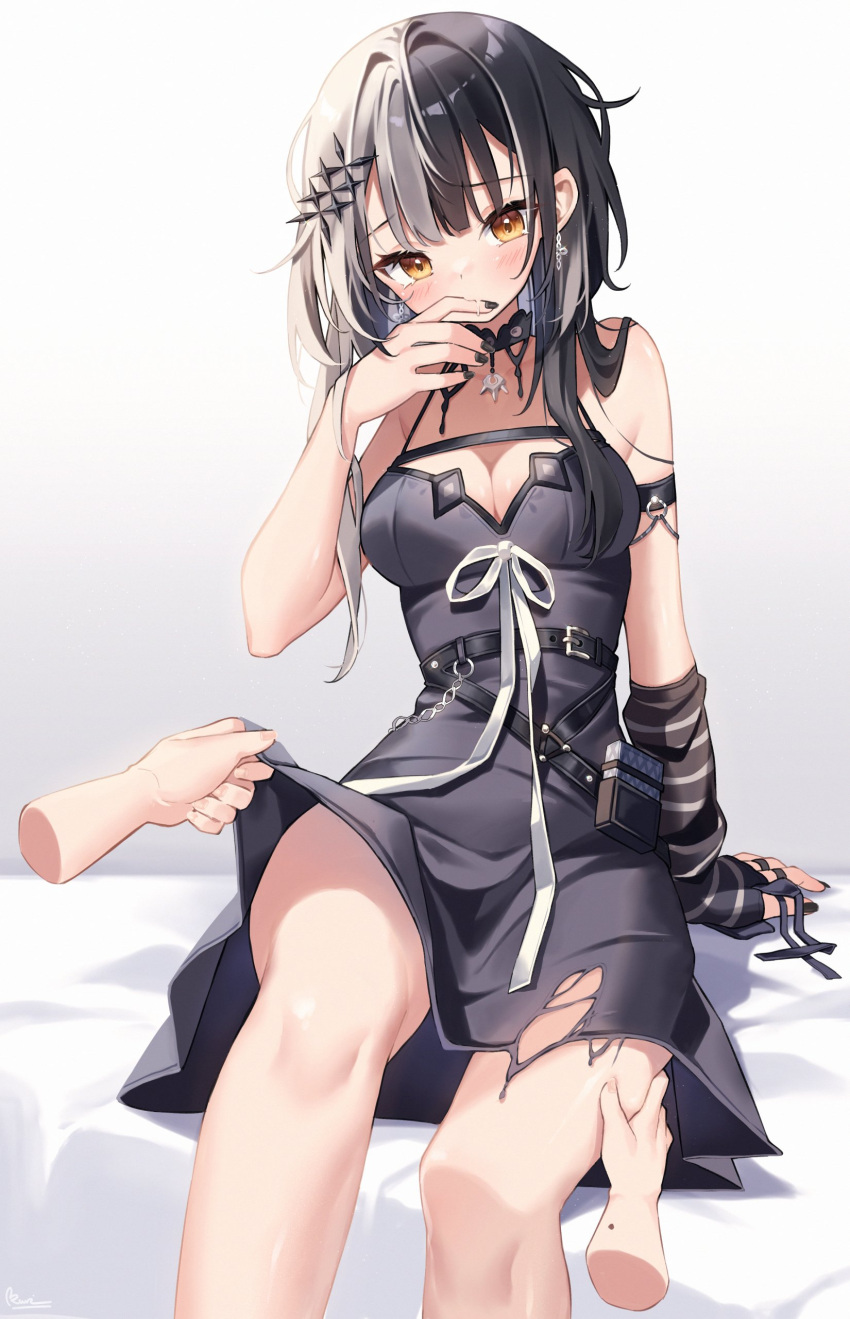 1girl absurdres arm_warmers black_choker black_dress black_hair black_nails breasts choker cleavage disembodied_limb dress earrings grey_hair hair_ornament highres hololive hololive_english jewelry kuri_(animejpholic) long_hair looking_at_viewer medium_breasts multicolored_hair shiori_novella shiori_novella_(1st_costume) single_arm_warmer solo solo_focus split-color_hair torn_clothes two-tone_hair virtual_youtuber white_background yellow_eyes