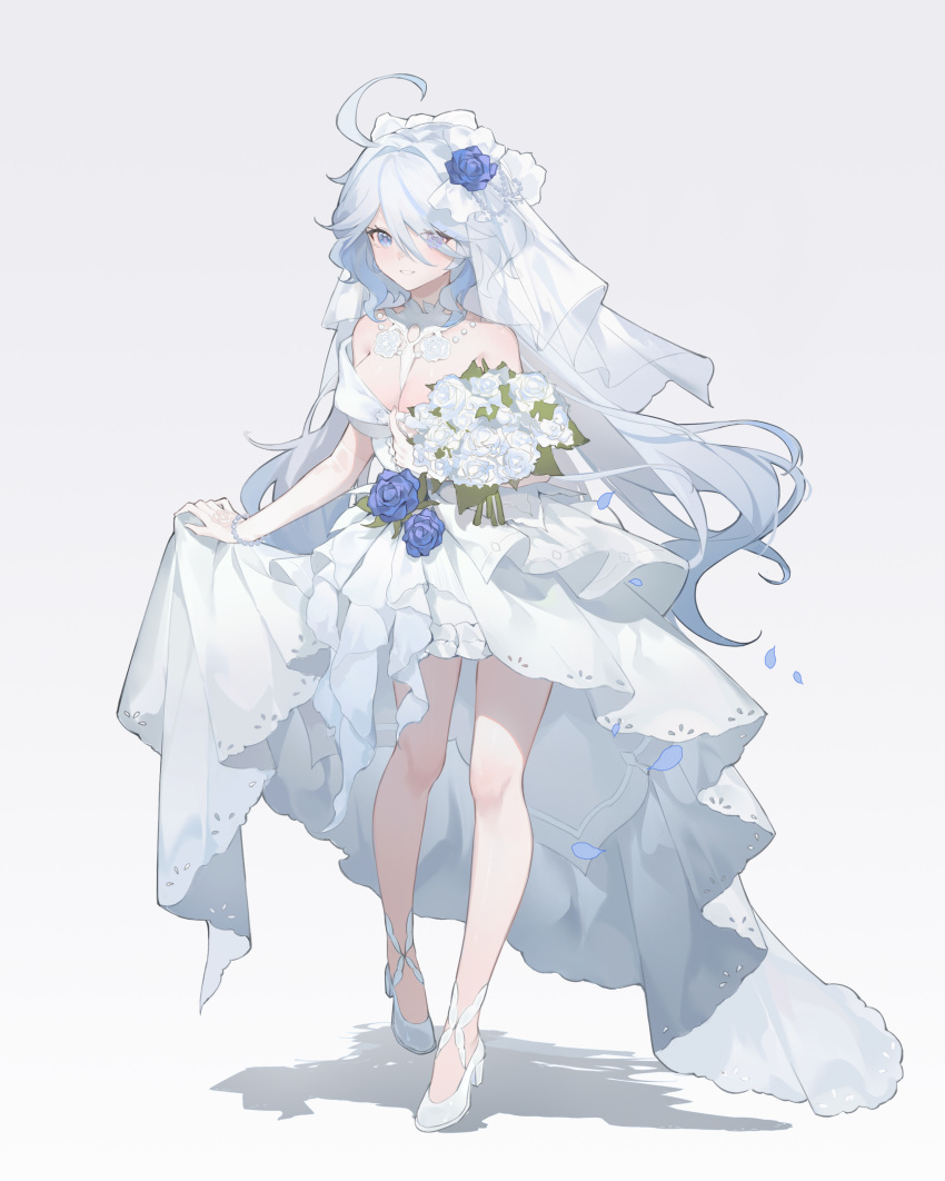 1girl absurdres ahoge alternate_breast_size alternate_costume blue_eyes blue_flower blue_hair bouquet bracelet breasts bridal_veil cleavage commentary dress drop-shaped_pupils elbow_gloves flower full_body furina_(genshin_impact) genshin_impact gloves highres holding holding_bouquet jewelry lin_zhi_mao long_hair looking_at_viewer medium_breasts mismatched_pupils multicolored_hair shadow skirt_hold smile solo standing strapless strapless_dress symbol-shaped_pupils veil wedding_dress white_dress white_flower white_footwear white_gloves white_hair