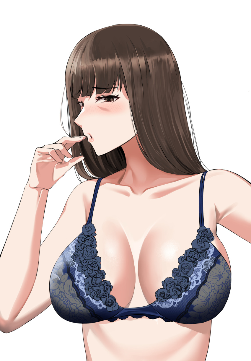 1girl absurdres bellone blue_bra blunt_bangs blush bra breasts brown_eyes brown_hair commentary embroidered_bra frown girls_und_panzer half-closed_eyes highres large_breasts lingerie long_hair looking_at_viewer mature_female nishizumi_shiho open_mouth simple_background solo straight_hair underwear underwear_only white_background