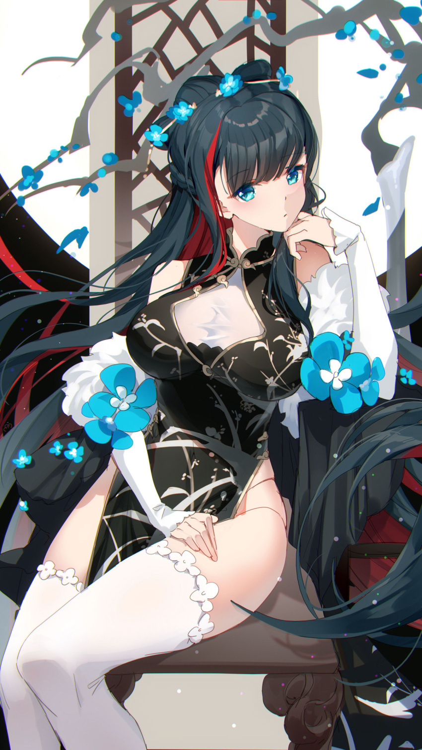 1girl bare_shoulders bison_cangshu black_dress black_hair blue_eyes braid breasts chair china_dress chinese_clothes cleavage_cutout closed_mouth clothing_cutout detached_sleeves dress expressionless floating_hair fur_trim gold_trim hair_ornament hairpin hand_on_own_thigh hand_up highres large_breasts long_hair long_sleeves looking_at_viewer multi-strapped_panties multicolored_hair original panties panty_straps pelvic_curtain red_hair sitting skindentation sleeveless sleeveless_dress solo streaked_hair string_panties taut_clothes taut_dress thighhighs thighs two-tone_hair underwear very_long_hair white_thighhighs