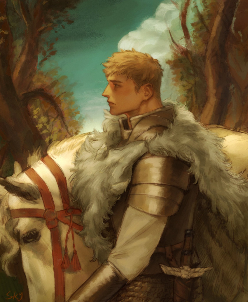 1boy animal armor brown_hair chainmail cloak cloud day dungeon_meshi english_commentary from_side fur_cloak highres horse kensuke_(dungeon_meshi) koitotwt laios_touden light_brown_hair long_sleeves looking_ahead male_focus nature official_alternate_costume outdoors pauldrons pelt plate_armor profile reins sheath sheathed shirt short_hair shoulder_armor sky spoilers sword tassel tree undercut upper_body vambraces weapon white_shirt winged_sword wolf_pelt