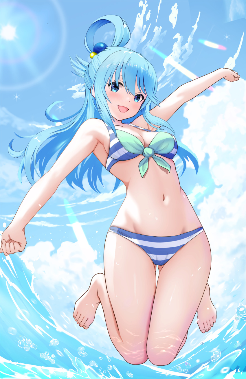 1girl :d absurdres aqua_(konosuba) barefoot bikini blue_eyes blue_hair blue_sky breasts cloud day gibun_(sozoshu) hair_ornament hair_rings highres jumping kono_subarashii_sekai_ni_shukufuku_wo! long_hair looking_at_viewer medium_breasts navel ocean open_mouth outdoors sky smile solo striped_bikini striped_clothes sun swimsuit toenails toes