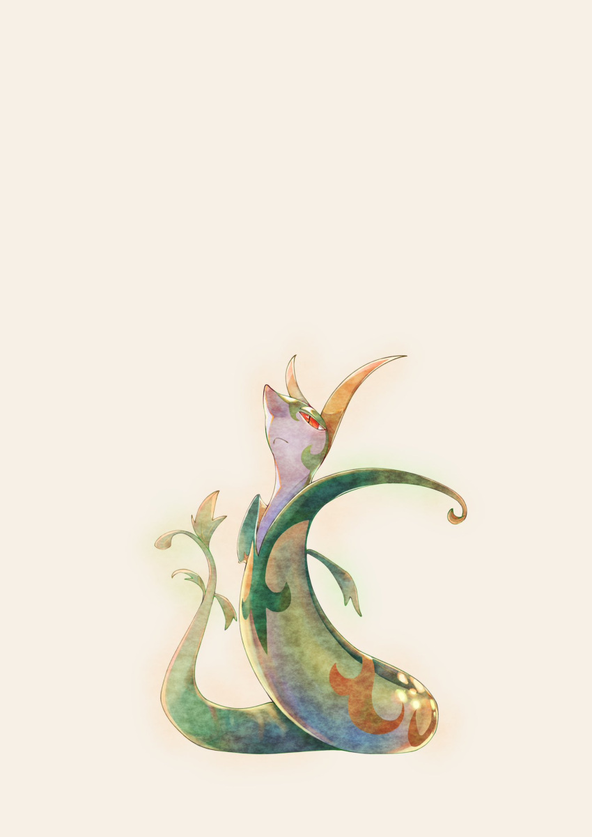 colored_skin green_skin head_back highres leaf looking_down pokemon pokemon_(creature) red_eyes sake_maguro serperior simple_background slit_pupils snake solo white_background white_skin