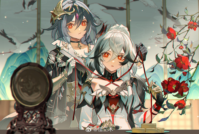 2girls black_hair black_jacket black_shirt blurry blurry_foreground breasts chinese_commentary commentary_request curtains desk detached_collar dress food food_request fu_hua fu_hua_(fenghuang_of_vicissitude) fu_hua_(herrscher_of_sentience) grey_hair guaisanmu hair_ornament honkai_(series) honkai_impact_3rd indoors jacket looking_at_viewer medium_breasts mirror multicolored_hair multiple_girls parted_lips plate red_eyes shirt short_hair streaked_hair string string_of_fate upper_body weibo_username white_dress