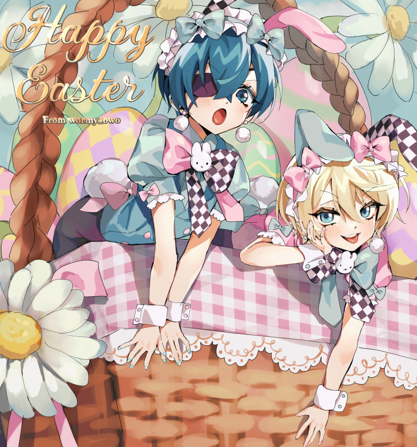 2boys :o absurdres alois_trancy androgynous animal_ears artist_name basket bishounen black_shorts blonde_hair blue_bow blue_bowtie blue_eyes blue_hair blue_jacket blue_nails bow bowtie buttons ciel_phantomhive commentary earrings easter easter_egg egg eyepatch fake_animal_ears fake_tail flower hair_bow hand_on_own_cheek hand_on_own_face happy_easter highres jacket jewelry kuroshitsuji lolita_fashion looking_at_viewer male_focus multiple_boys open_mouth pink_bow pink_bowtie pink_nails plaid puffy_short_sleeves puffy_sleeves rabbit_ears rabbit_tail short_hair short_sleeves shorts sphere_earrings symbol-only_commentary tail tongue tongue_out white_flower white_headdress white_wrist_cuffs wormy_owo wrist_cuffs