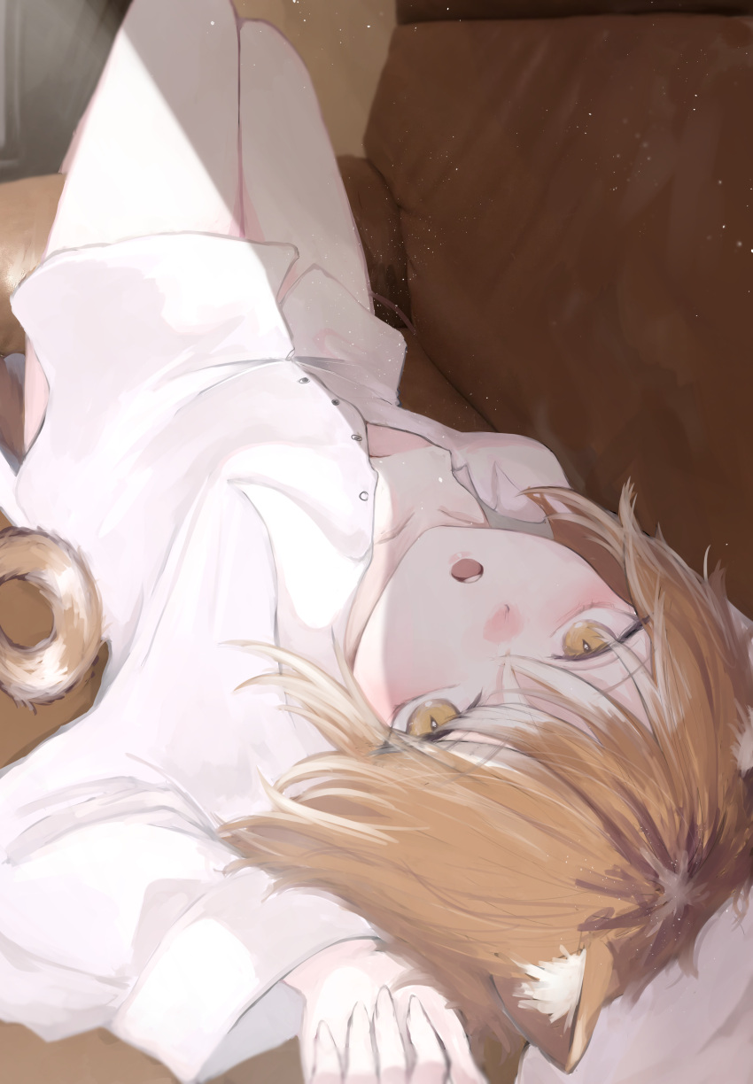 1girl absurdres animal_ear_fluff animal_ears breasts brown_eyes brown_hair cat_ears cat_girl cat_tail couch highres light_brown_hair long_sleeves looking_at_viewer lying multicolored_hair naked_shirt no_pants on_back on_couch open_mouth original partially_unbuttoned shadow shirt short_hair small_breasts suzukano_pon tail two-tone_hair white_shirt