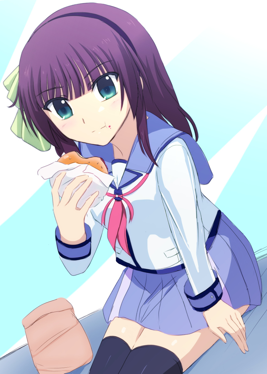 1girl :t absurdres angel_beats! arm_at_side black_hairband black_thighhighs blue_sailor_collar blue_skirt blunt_bangs bow burger closed_mouth commentary_request cowboy_shot eating eyes_visible_through_hair food green_bow green_eyes hair_bow hairband hand_up highres holding holding_food lelie_(lelie_link) light_blue_background light_blush long_sleeves looking_at_viewer medium_hair miniskirt nakamura_yuri neckerchief pink_neckerchief pleated_skirt purple_hair sailor_collar shinda_sekai_sensen_uniform shirt sidelocks simple_background sitting skirt solo split_mouth straight_hair thighhighs white_shirt zettai_ryouiki