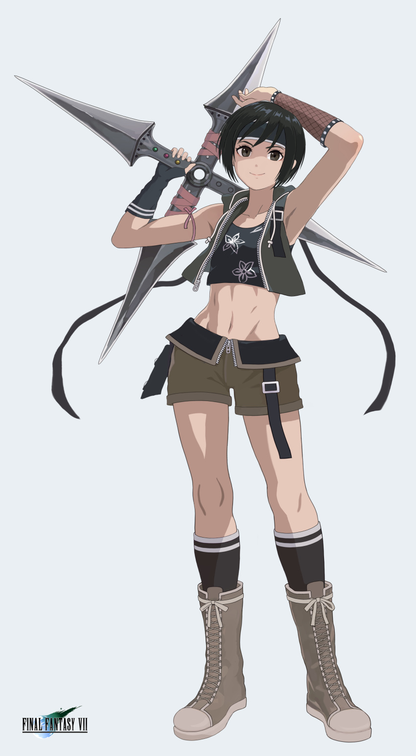 1girl abs absurdres arm_ribbon armpits arms_up belt black_gloves black_hair black_headband black_ribbon black_shirt black_socks black_vest bob_cut boots brown_belt brown_eyes brown_footwear closed_mouth copyright_name crop_top cropped_vest cross-laced_footwear final_fantasy final_fantasy_vii final_fantasy_vii_advent_children fingerless_gloves floral_print full_body gloves hair_ribbon headband highres holding holding_weapon hood hood_down hooded_vest hoodie huge_weapon kneehighs lace-up_boots looking_at_viewer midriff navel okken open_clothes open_vest partially_unzipped pink_ribbon ribbon shirt short_hair shuriken simple_background single_bracer single_glove sleeveless sleeveless_shirt smile socks solo standing strap toned vest weapon white_background yuffie_kisaragi