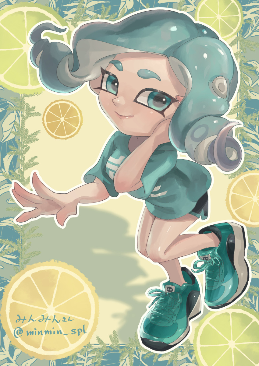 1girl absurdres aqua_eyes aqua_footwear aqua_hair aqua_shirt aqua_trim black_shorts closed_mouth commentary_request cross-laced_footwear dolphin_shorts food fruit hand_on_own_face highres koyomi_yamai lemon lemon_slice medium_hair octoling octoling_girl octoling_player_character outside_border print_shirt shirt shoes shorts smile solo splatoon_(series) tentacle_hair thick_eyebrows