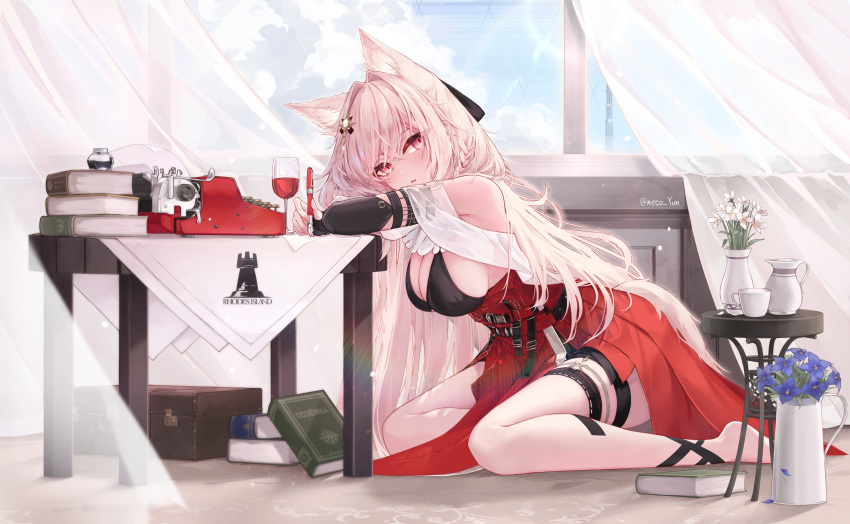 1girl absurdres animal_ear_fluff animal_ears arknights bare_shoulders barefoot black_bra blue_sky book book_stack bra breasts cleavage cloud cloudy_sky commentary_request cup drinking_glass flower flower_pot head_rest high-waist_skirt highres indoors korean_commentary large_breasts long_hair looking_at_viewer pink_eyes pink_hair pozyomka_(arknights) purple_flower red_skirt revision rhodes_island_logo_(arknights) shawl sitting skirt sky solo table thigh_strap thighs typewriter underwear wariza white_flower white_shawl wolf_ears wolf_girl yeosi